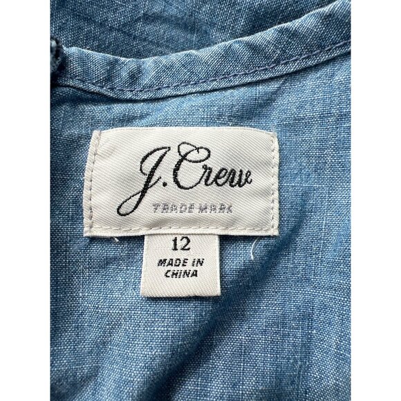 J Crew Chambray Dress Size 12 Ruffle Short Sleeve Tie Waist Blue Cotton Modern - Picture 4 of 11
